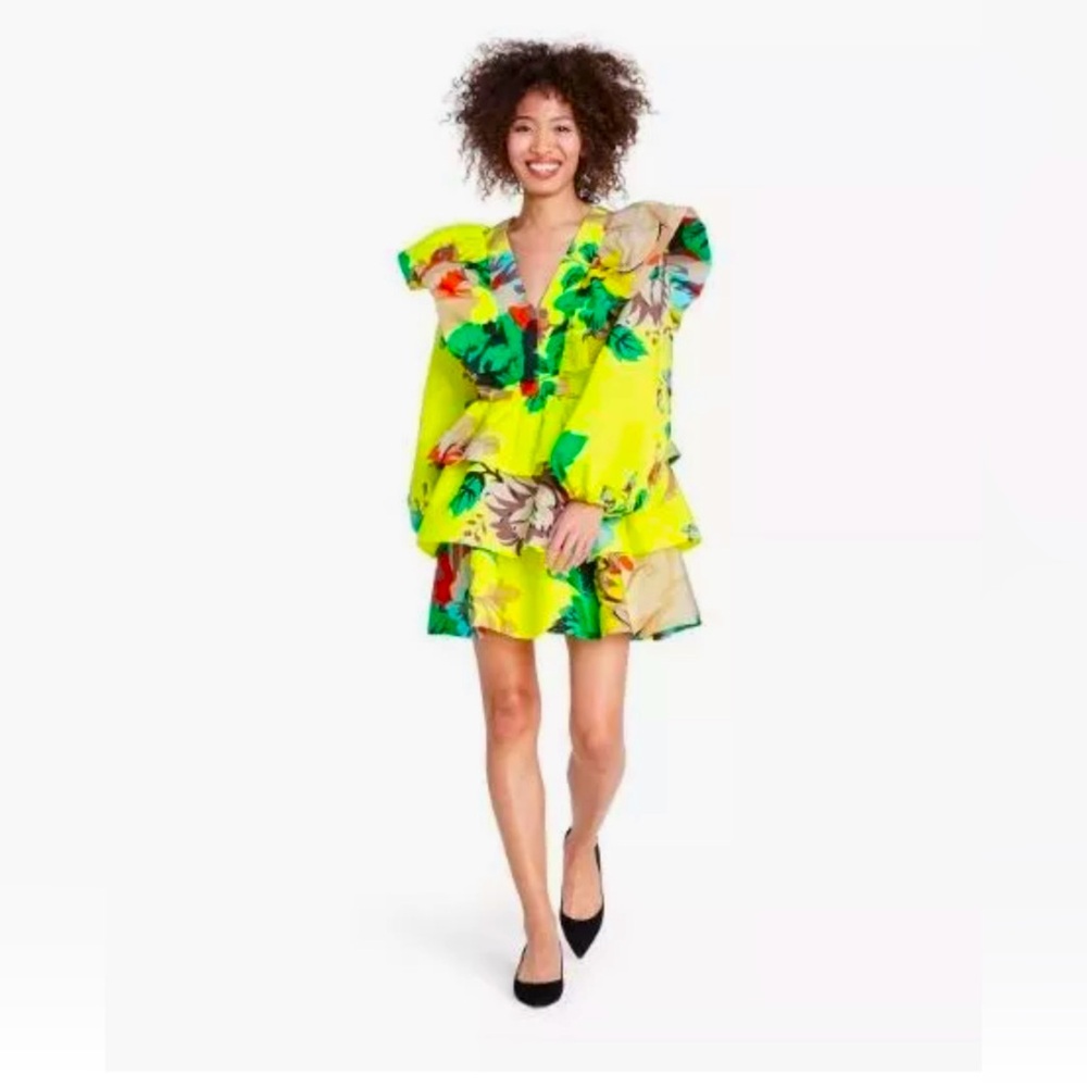 Christopher John Rogers for Target Yellow Floral Long Sleeve Ruffle Dress
